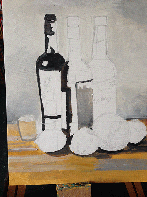 Bottles and fruit painting