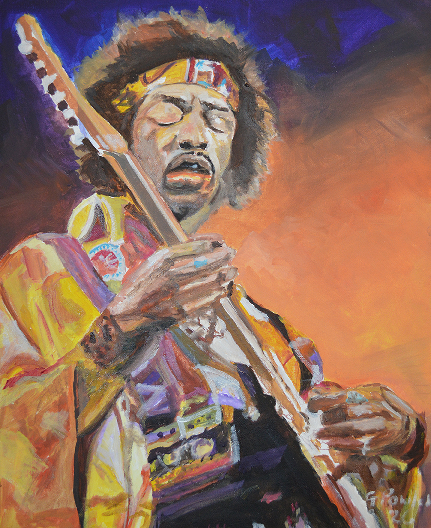 Jimi Hendrix painting, semi abstract portrait, oil painting musician, rock legend art, psychedelic art, modern portrait painting, contemporary music art, expressive oil painting, guitar legend artwork, Hendrix wall art