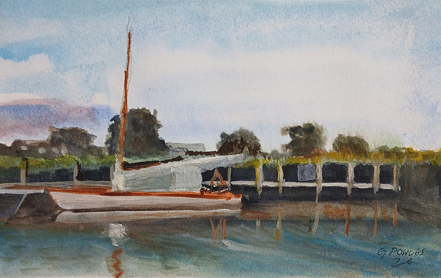 Watercolour of a boat on the Norfolk Broads