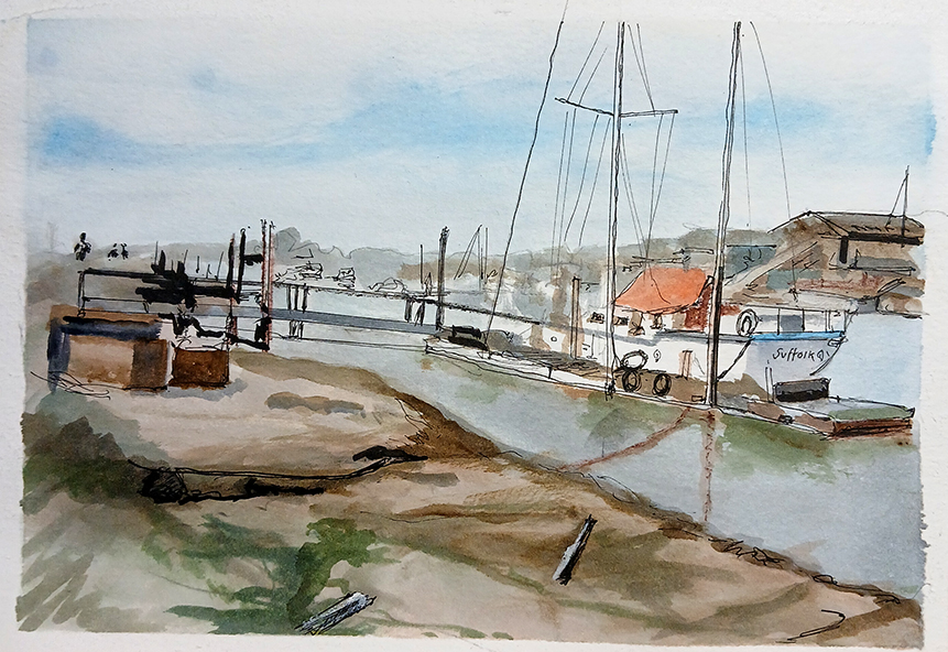 watercolour painting, ink and wash painting, walberswick harbour