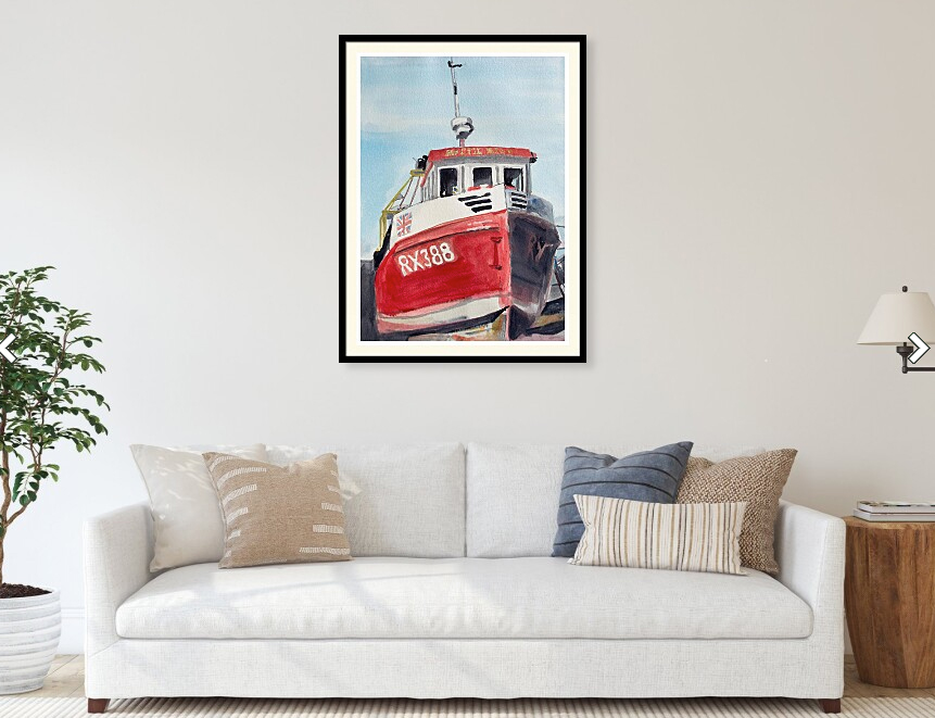 Watercolour painting features a striking red boat resting out of the water in Felixstowe, Suffolk