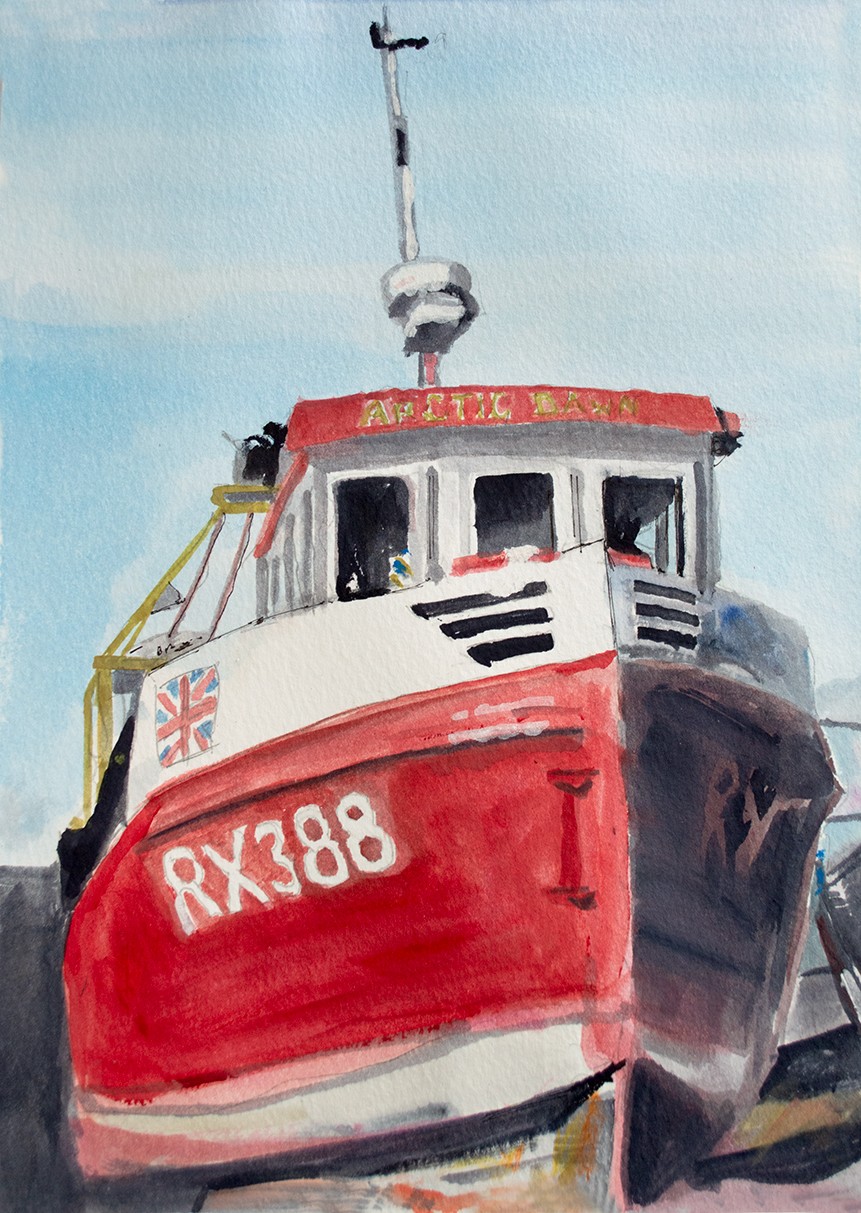 Watercolor Painting: Red Boat in Felixstowe