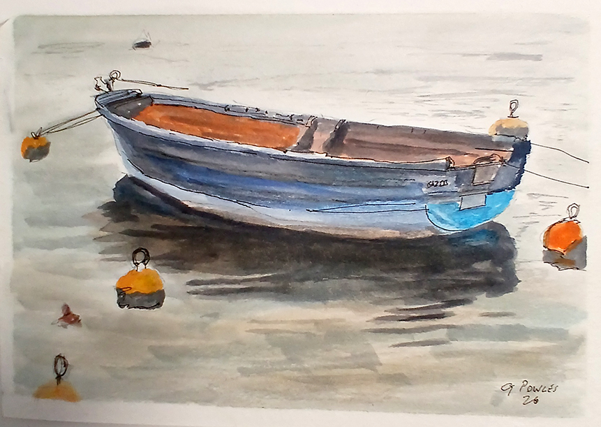 original watercolour painting of a rowing boat on calm water