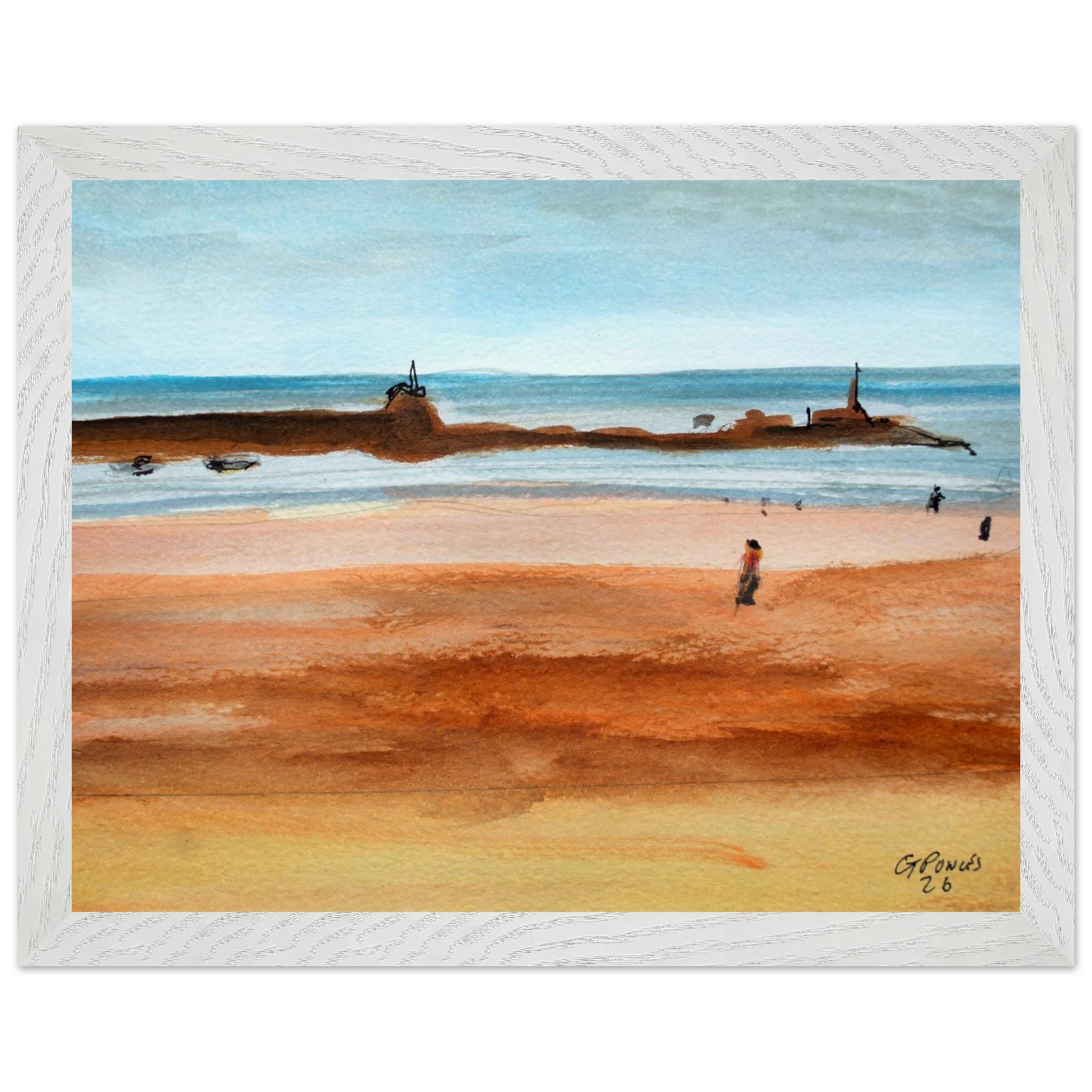 Bude Beach Watercolour Framed Poster Print – Cornwall Coastal Art | Oak/Ash Wood Frame