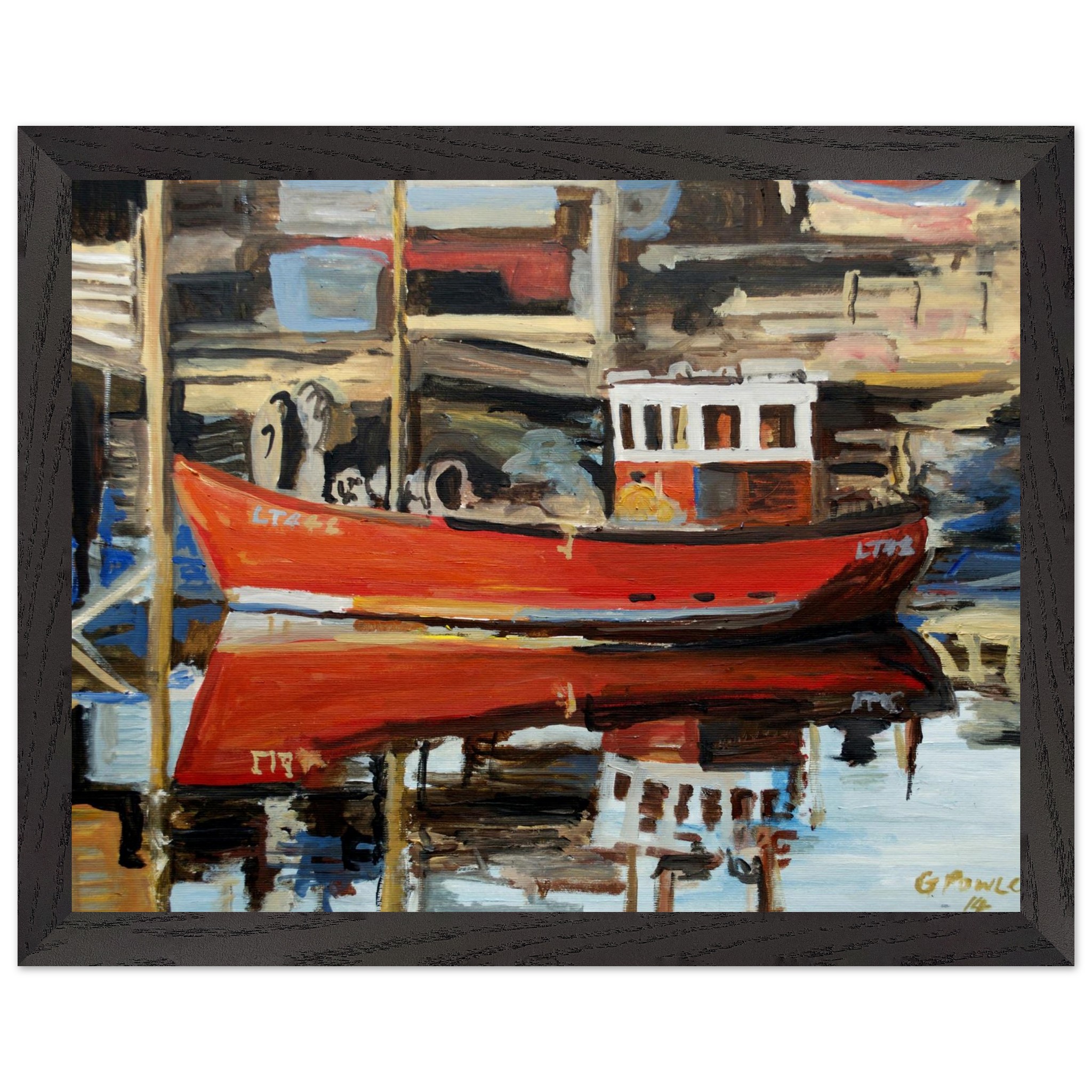 Red Boat on a Quiet River | Premium Wooden Framed Poster With Museum-Quality Matte Paper