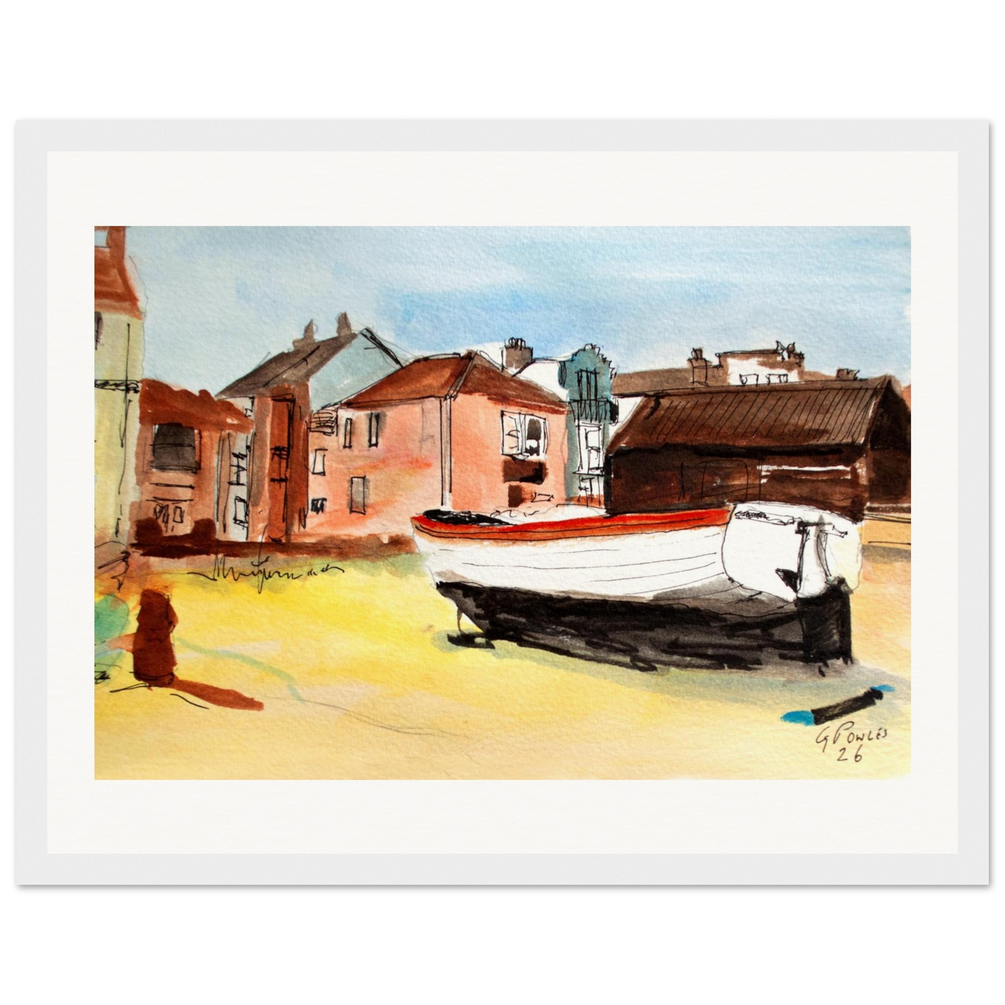 Boat on Aldeburgh Beach Watercolour Framed Poster | Museum-Quality Art Print | Ready-to-Hang Wood Frame