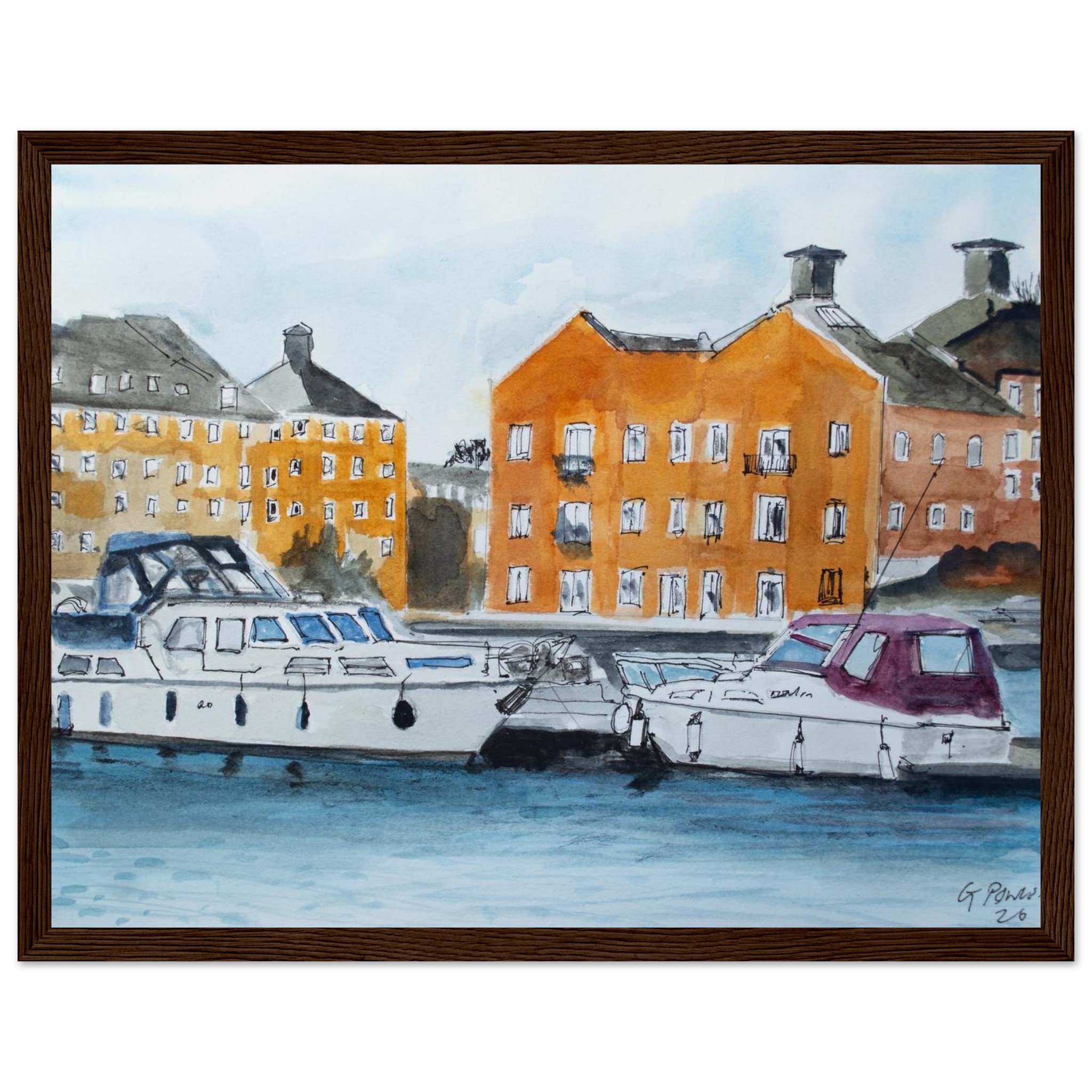Oulton Broad Maltings Watercolour & Ink Framed Poster – Scenic Art Print for Home