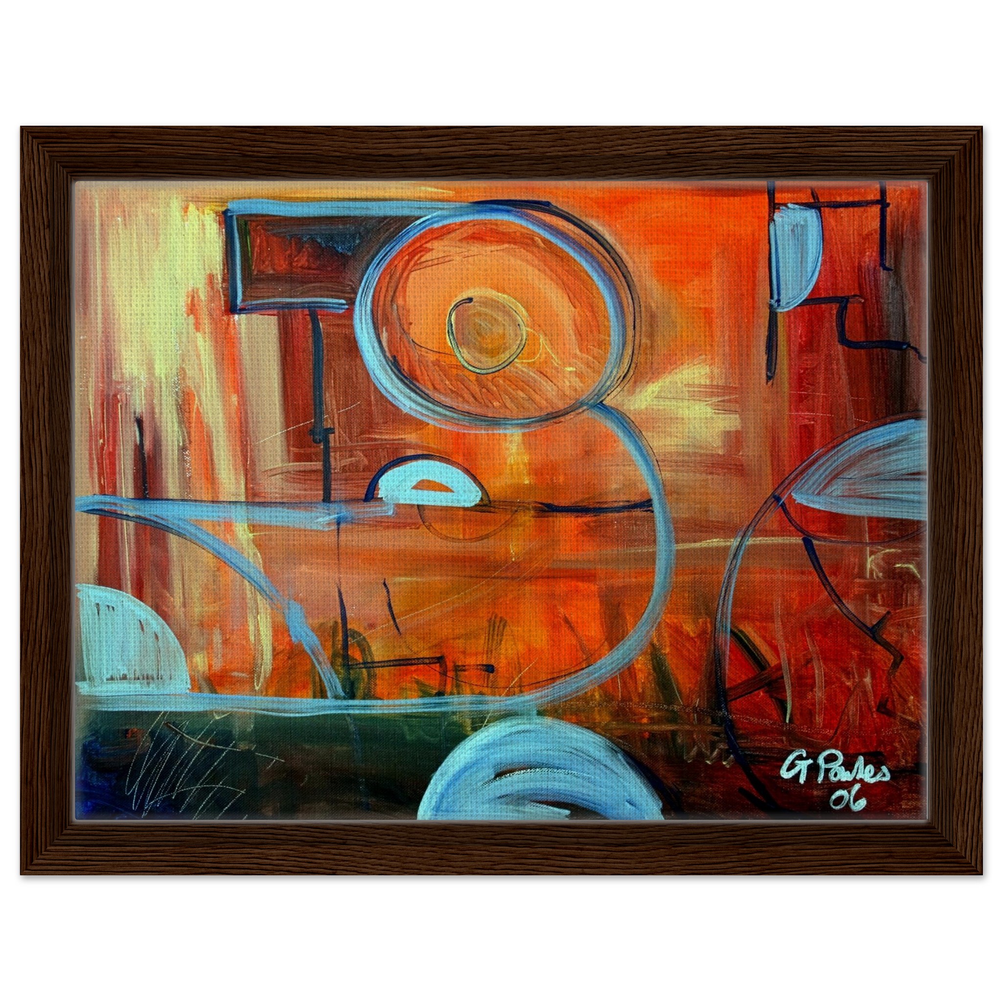 “Life Balance” Abstract Acrylic Painting – Modern Bold Orange and Blue Wall Art – Framed Canvas 30×40 cm / 12×16″
