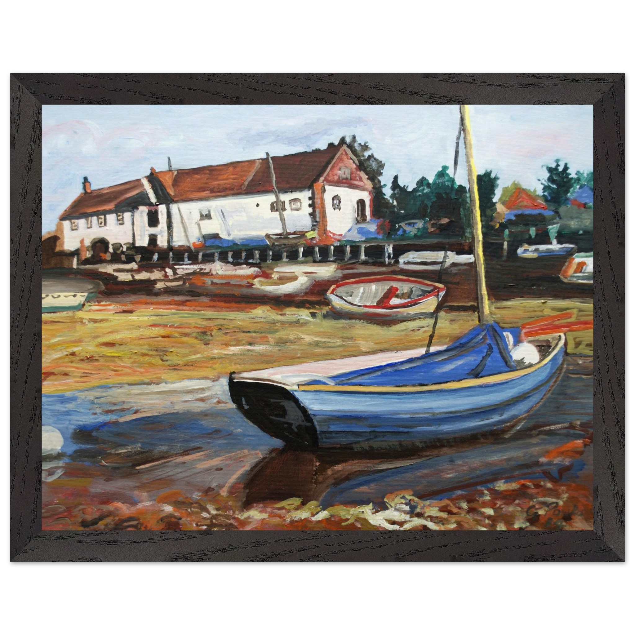 Mounted Framed Poster: Oil Painting of Burnham Overy Staithe, North Norfolk Coast – Premium Oak/Ash Frame, Museum-Quality Paper