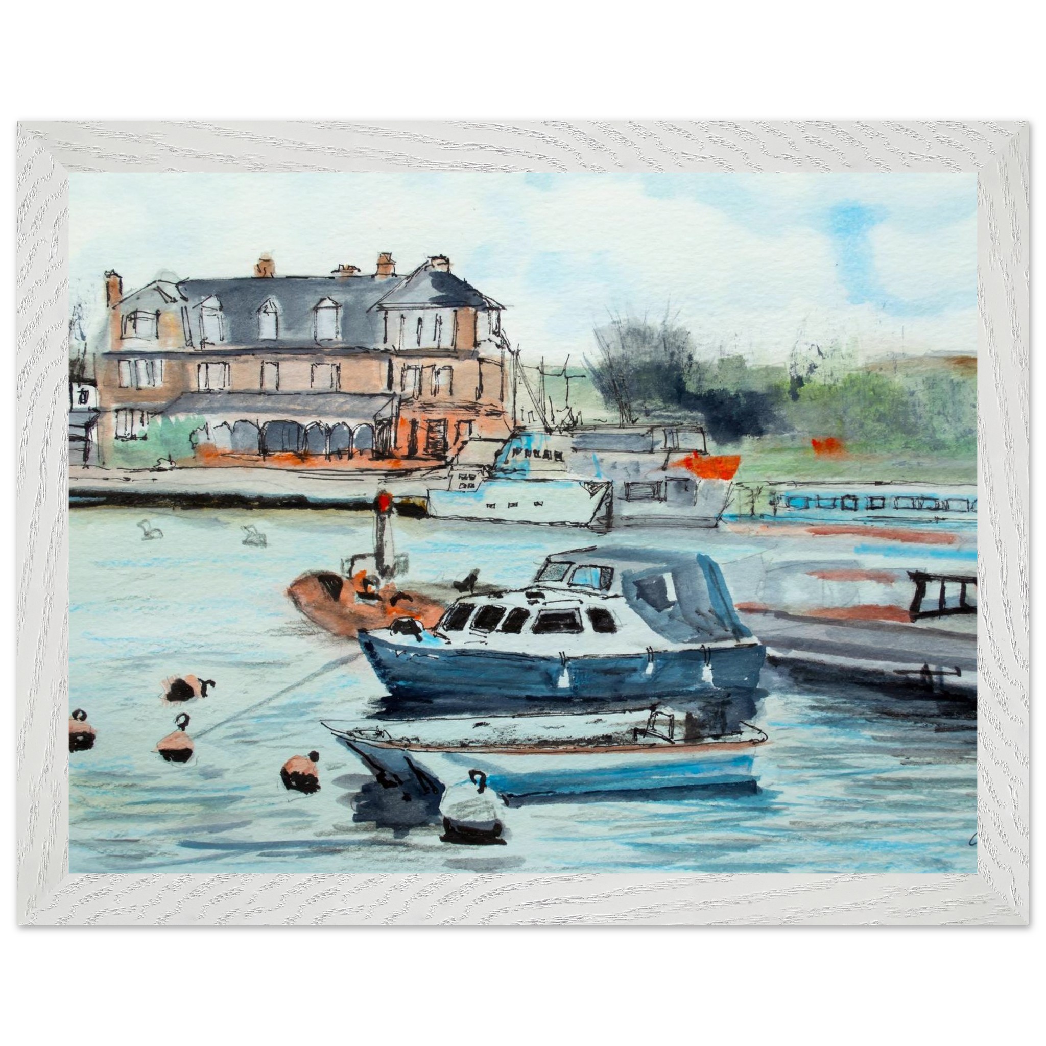 Watercolour Boats on River Oulton Broad Framed Poster – Wherry Hotel Artwork