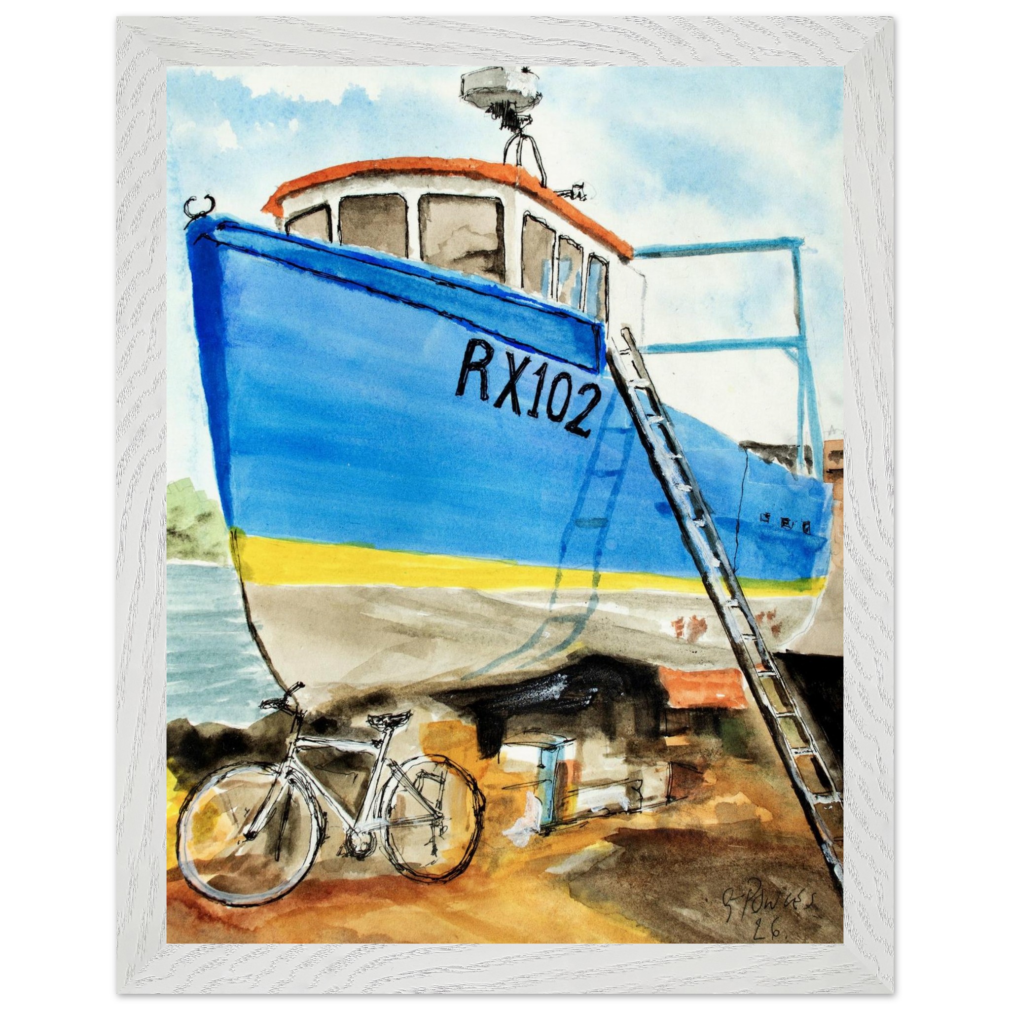 Boat at Rest Watercolour & Ink Framed Poster – Oak/Ash Wood Frame, Museum-Quality Paper, Ready-to-Hang