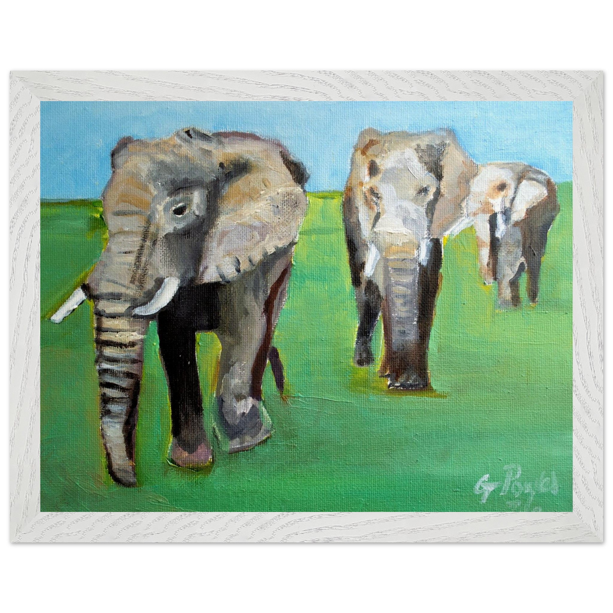Mounted Framed Poster: Majestic Oil Painting of Three Elephants on Museum-Quality Paper with Oak/Ash Frame
