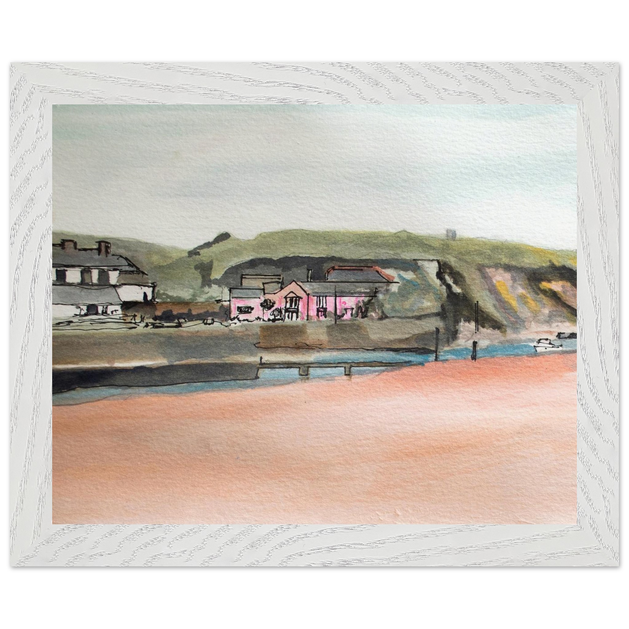 Watercolour Bude Beach Cornwall Framed Poster – Premium Oak/Ash Wood, Museum Quality Paper