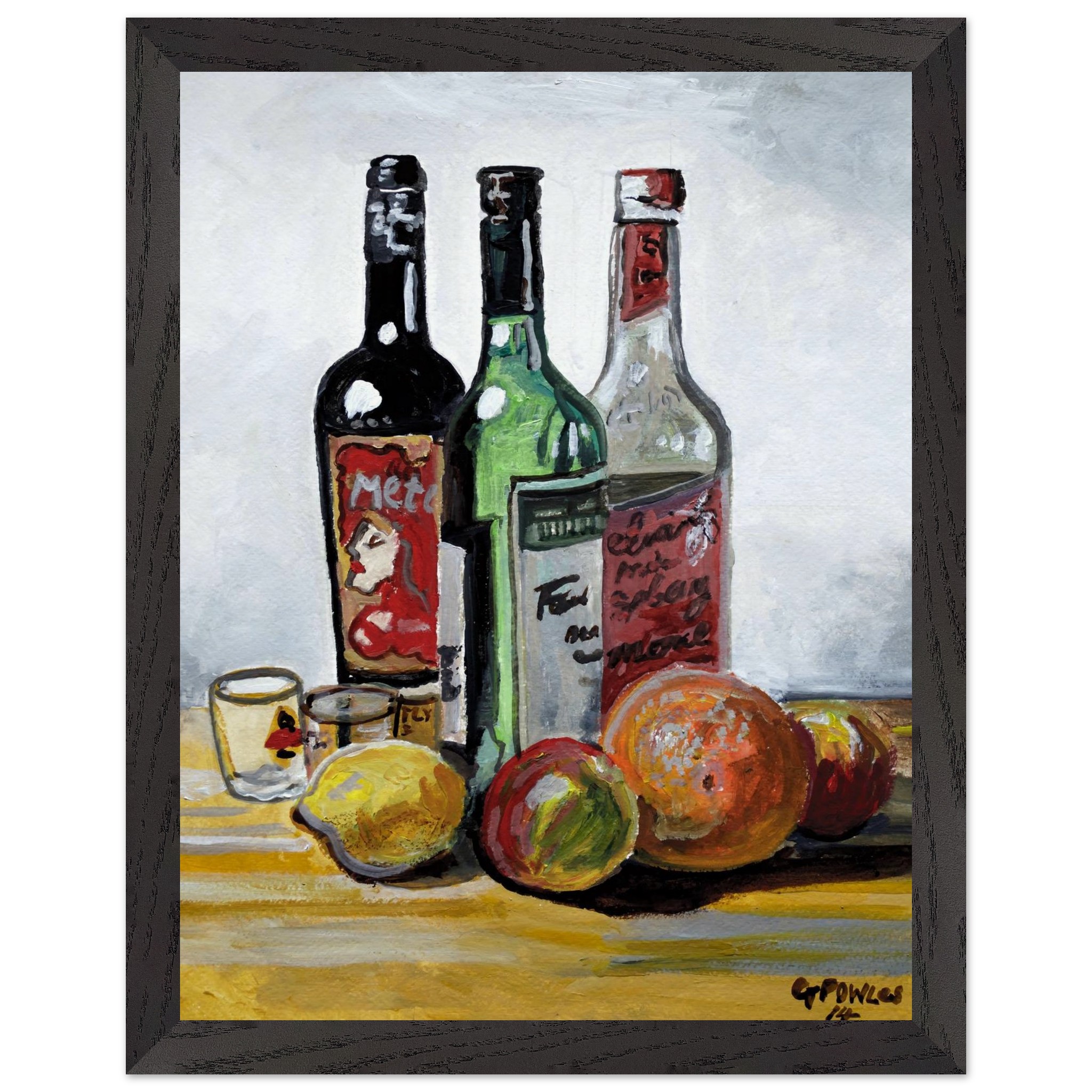 Mounted Framed Poster: Oil Painting of Bottles and Fruit – Premium Oak/Ash Frame, Museum-Quality Paper