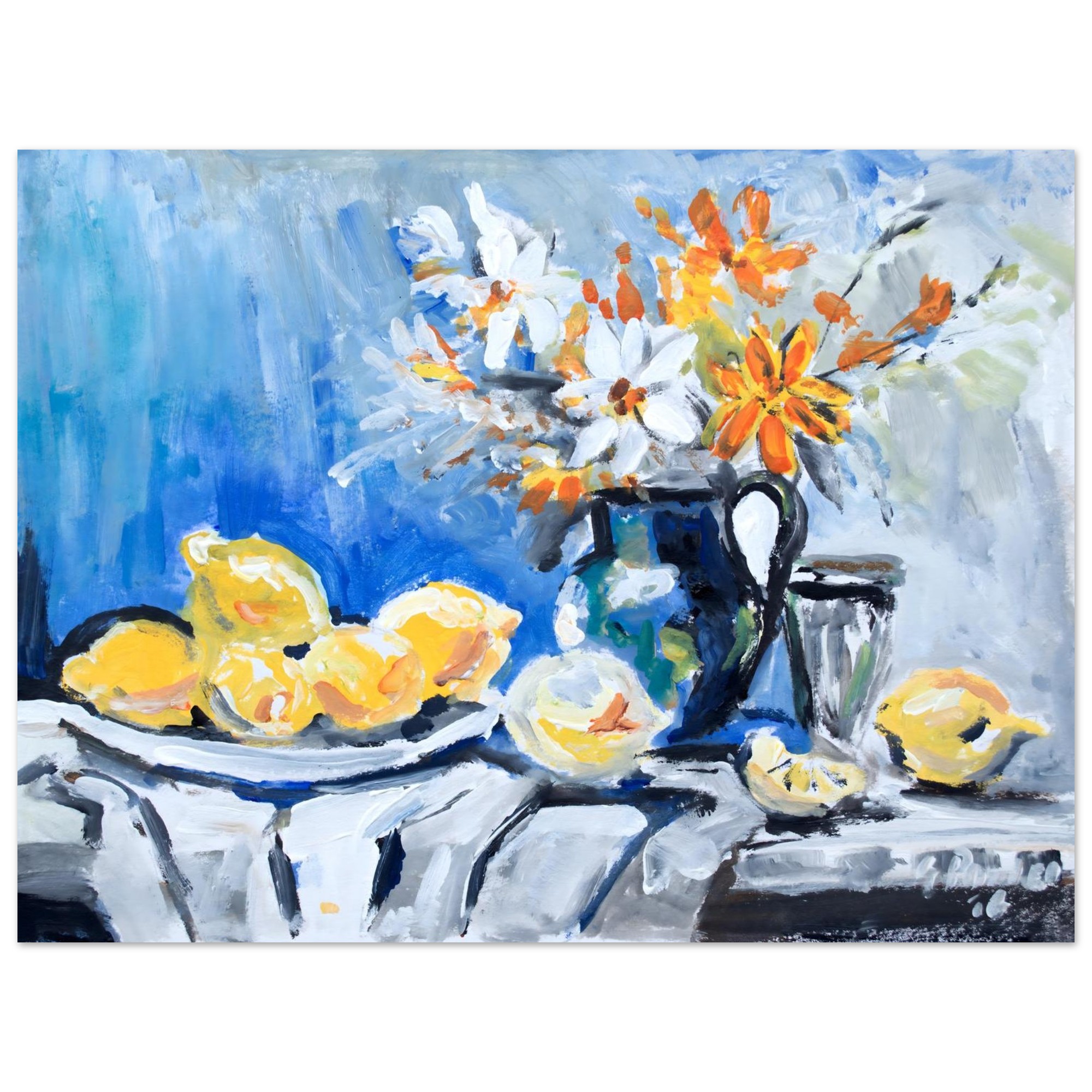 Lemon and Flowers Still Life Art Print, Floral Kitchen Poster