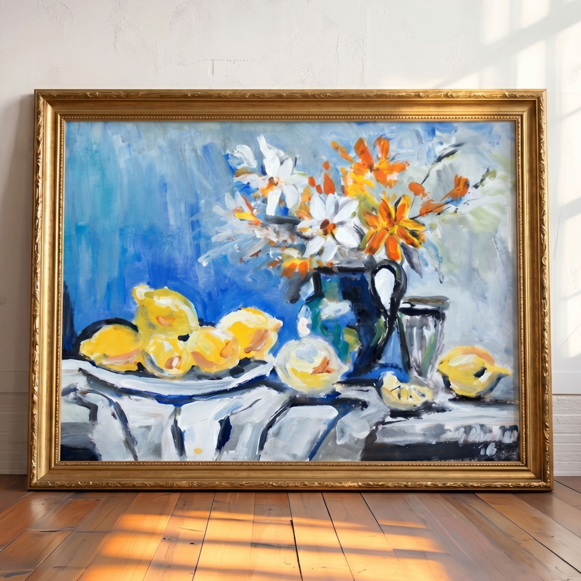 Blue Pitcher, Lemons and Floral Arrangement