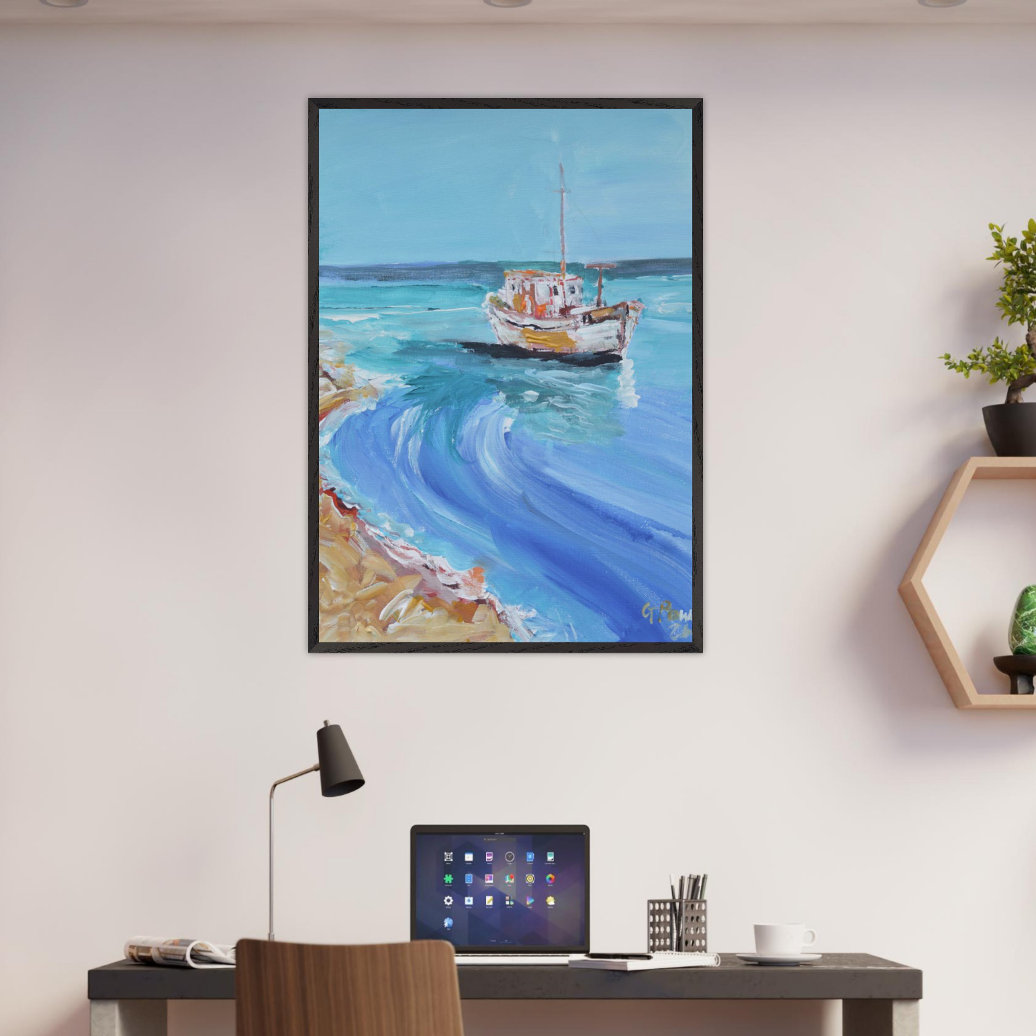 Rustic Fishing Boat on Turquoise Sea Framed Print - Image 2