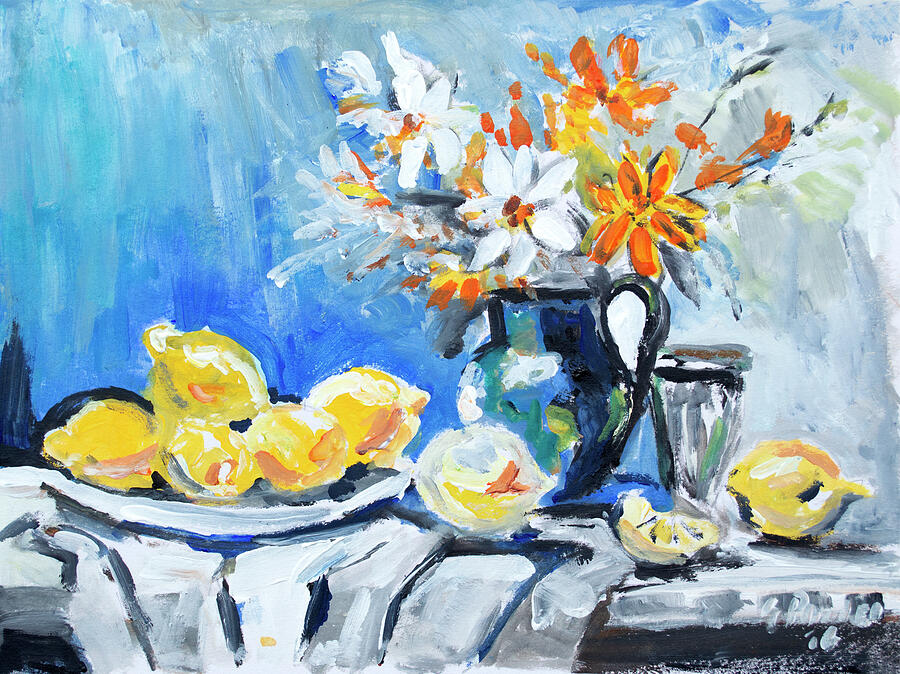 A vibrant still life features a collection of fresh lemons alongside a bouquet of flowers.