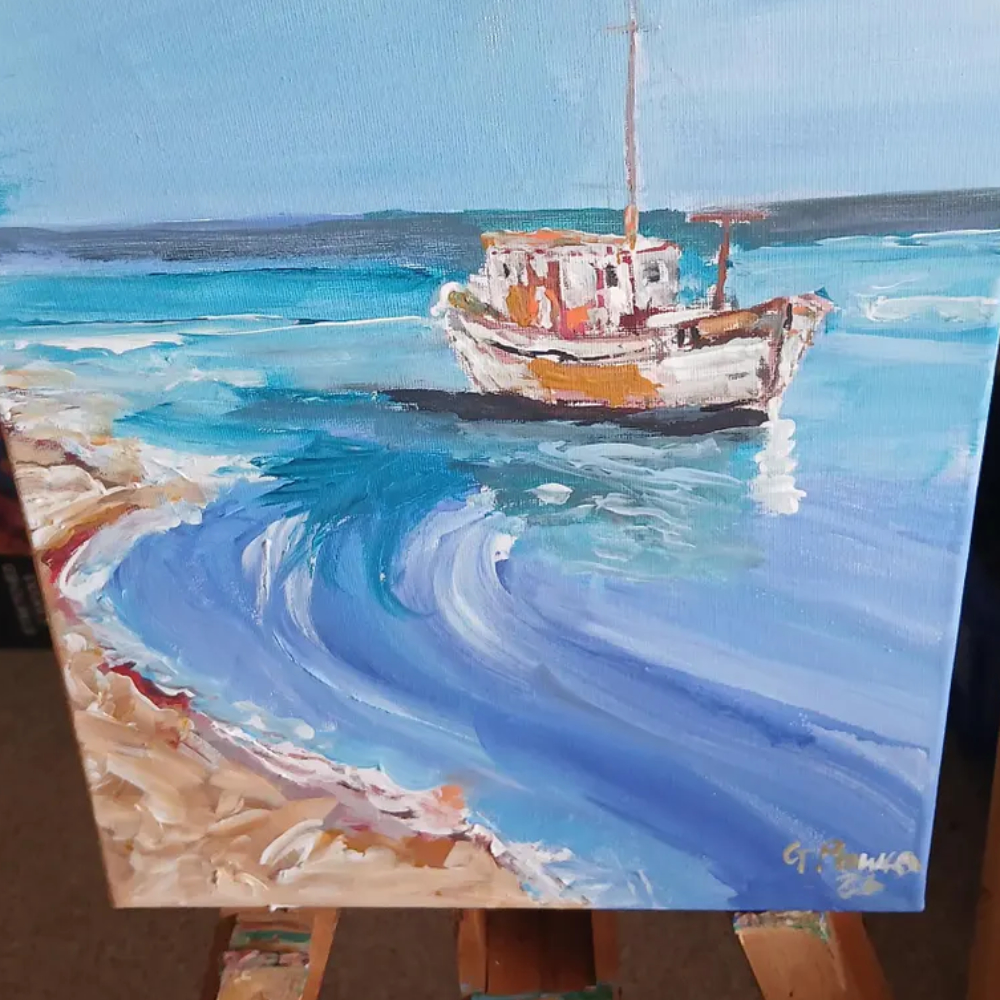 Fishing Trawler Painting, 12x16 Impressionist Coastal Canvas, Maritime Artwork