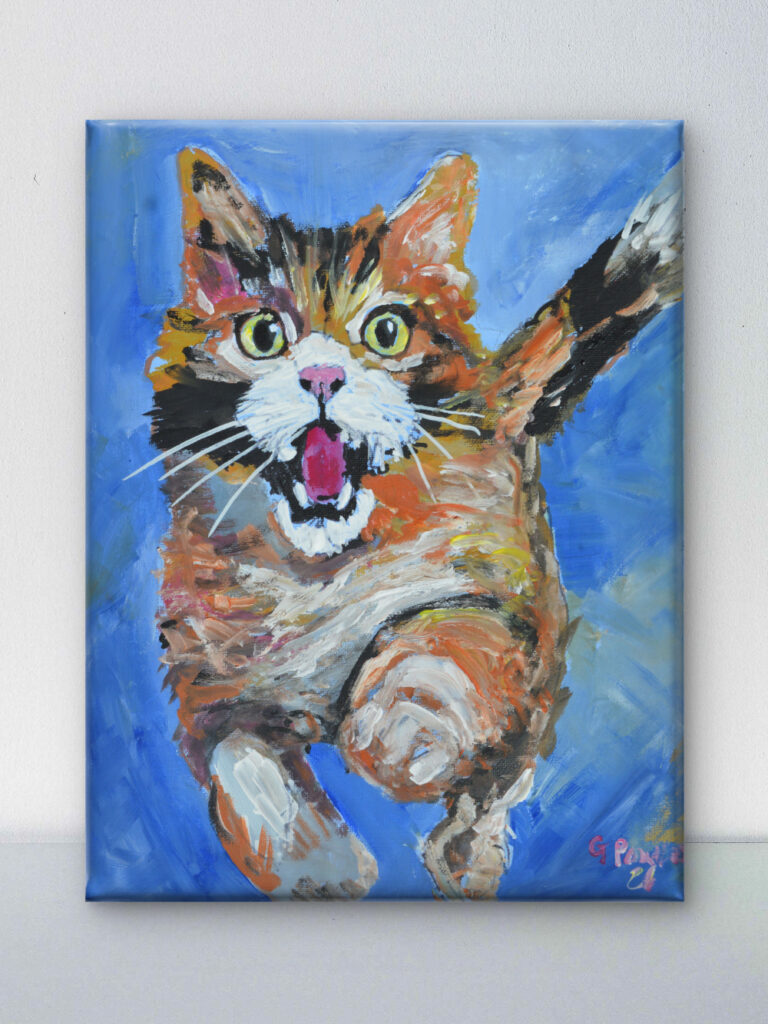 An observational look at an expressive, textured cat painting by Gordon Powles. Exploring the movement, colour, and brushwork of a tortoiseshell cat mid-pounce.