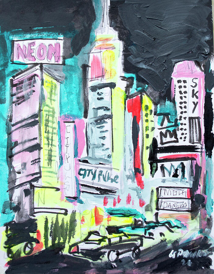 A Colourful Cityscape at Night with neon lights illuminating tall buildings.