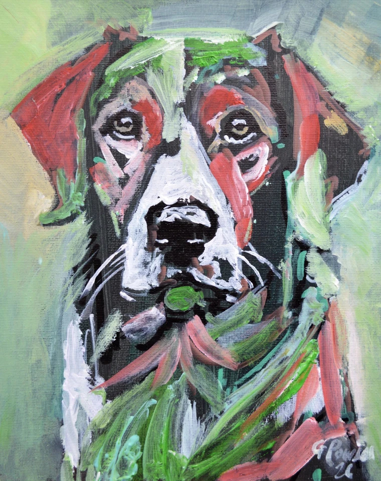 An expressive, contemporary acrylic portrait of a hound by British artist Gordon Powles. Featuring bold brushwork, a unique colour palette, and textured impasto.