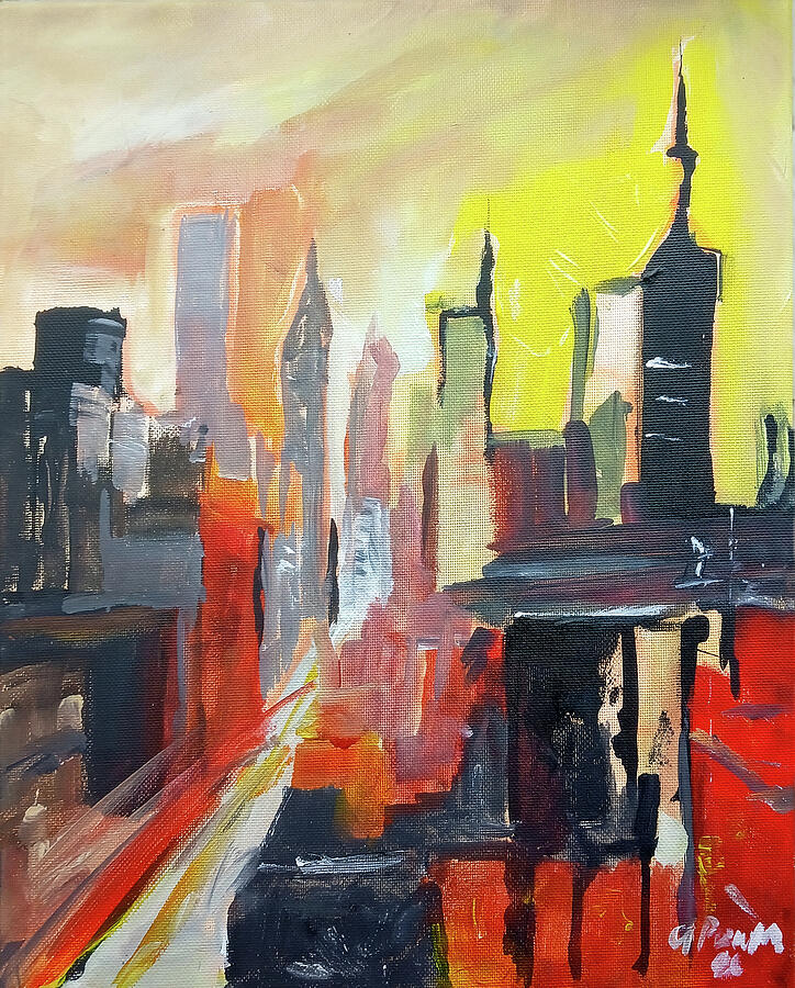 skyline with abstract representations of high-rise buildings in warm colors painting