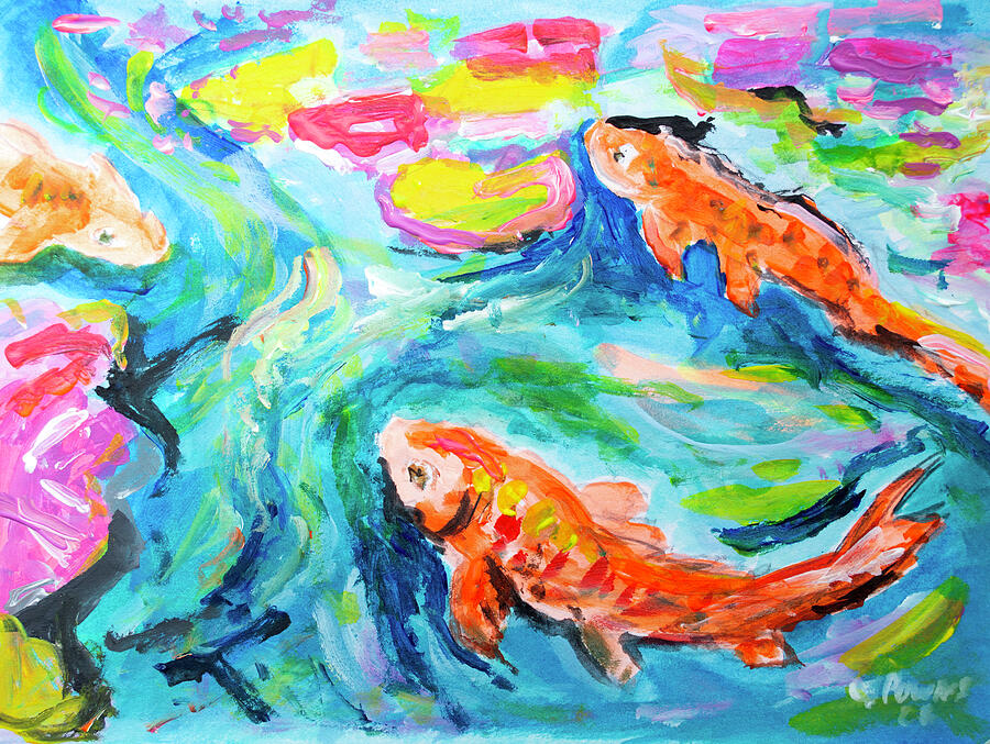 Three colourful koi fish swim gracefully in a lively pond painting.