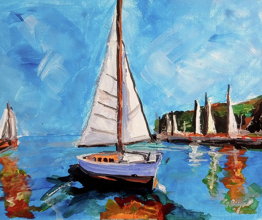 Sunlit Harbour Sailboat Coastal Reflections in Blue