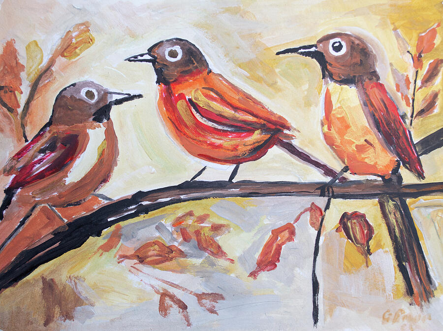 Three birds are perched on a branch surrounded by autumn leaves