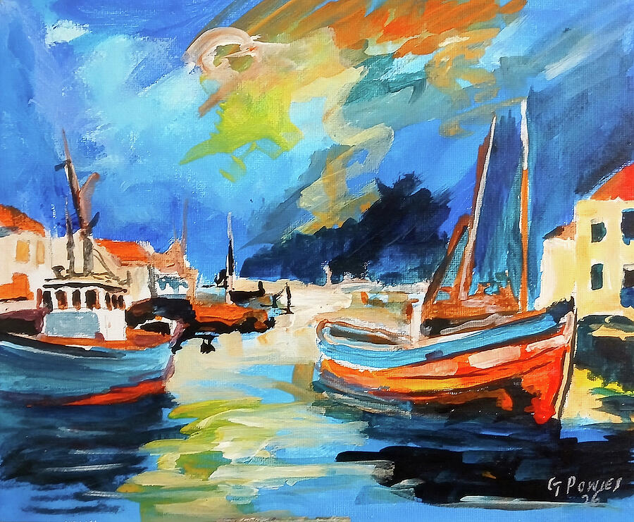 Vibrant Harbour Reflections Expressive Coastal Boat Painting