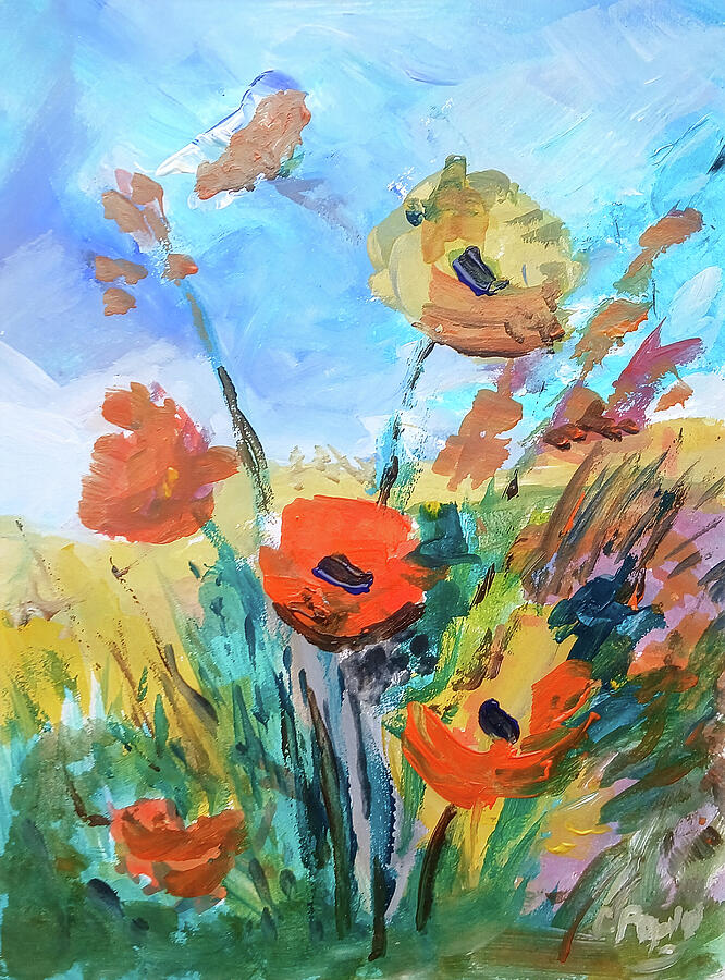 poppies exploding with vibrant hues under a bright blue sky.