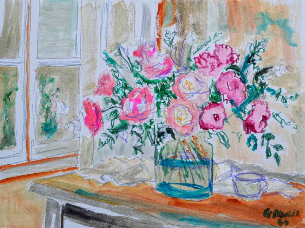 Pink Roses by the Window | Original Mixed Media Floral Still Life Painting