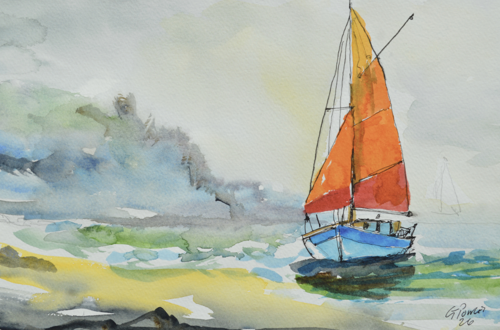 Misty Shore | Original Sailboat Watercolour and Ink Seascape Painting