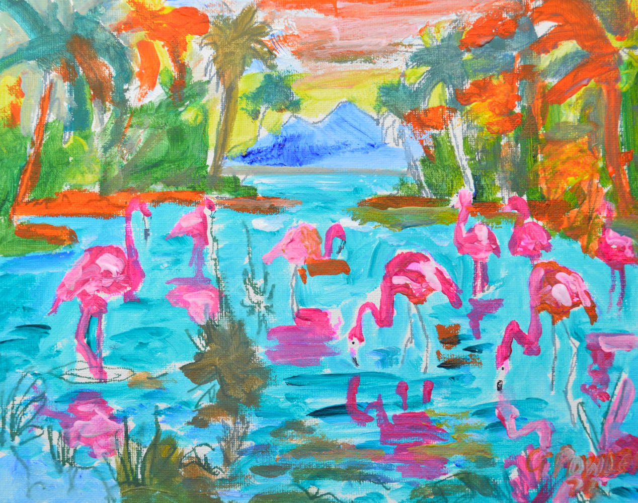 Flamingo Lagoon | Original Tropical Flamingos Impressionist Acrylic Painting
