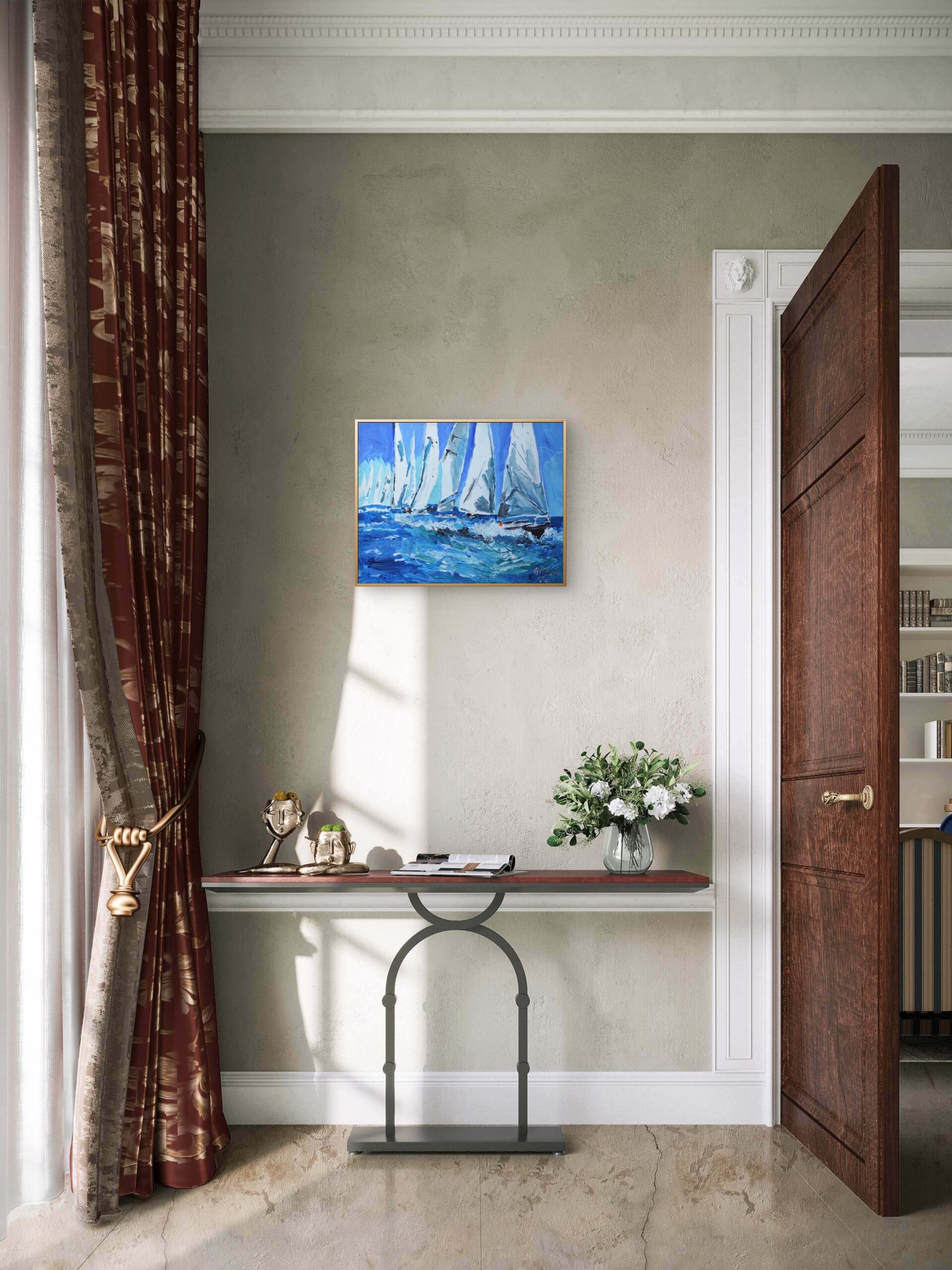 Blue Horizon Regatta | Original Sailboats Impasto Acrylic Ocean Painting - Image 3