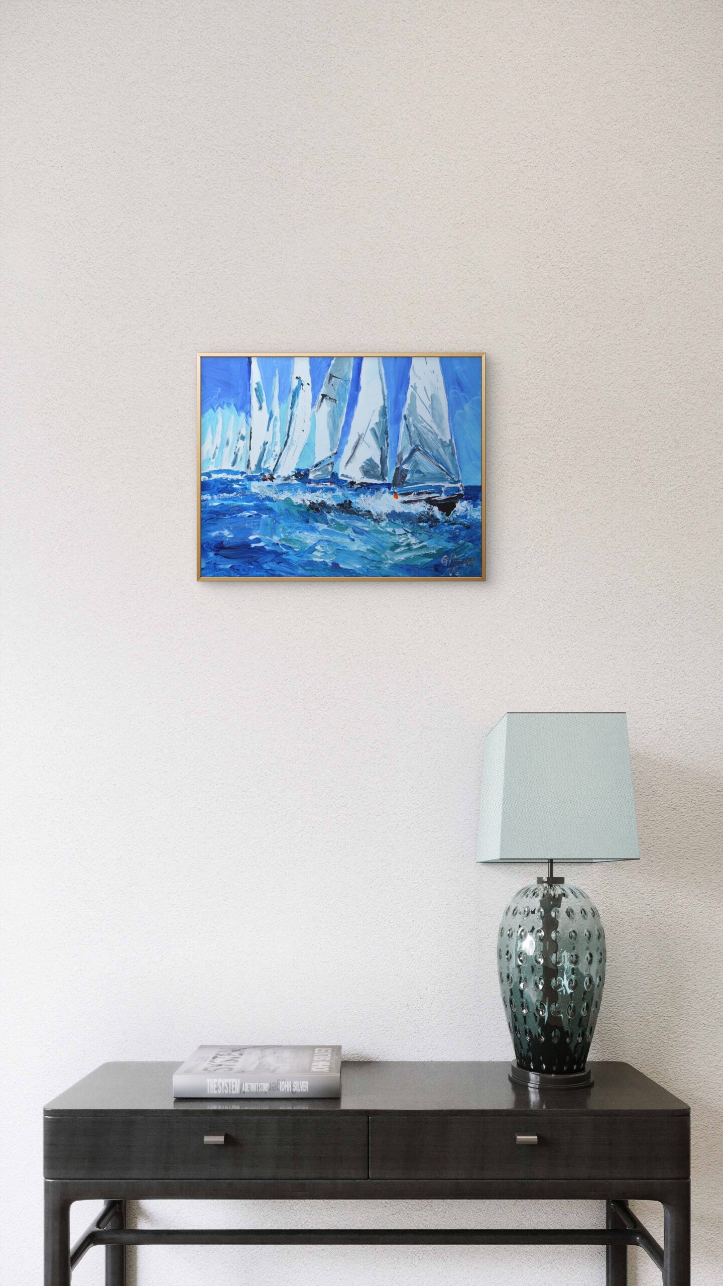 Blue Horizon Regatta | Original Sailboats Impasto Acrylic Ocean Painting - Image 4