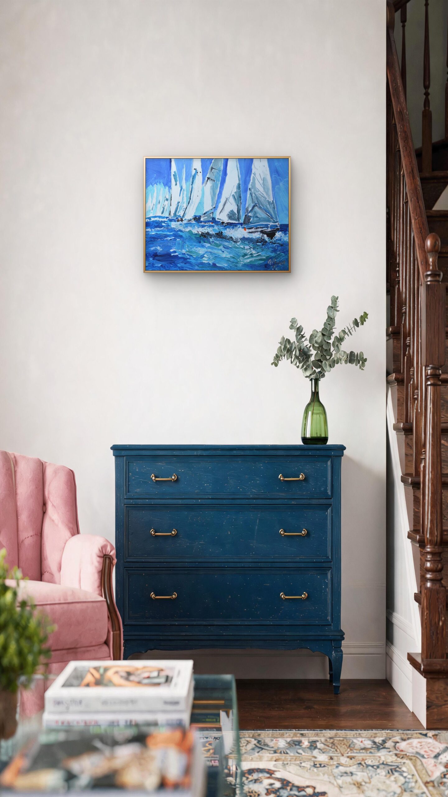 Blue Horizon Regatta | Original Sailboats Impasto Acrylic Ocean Painting - Image 5