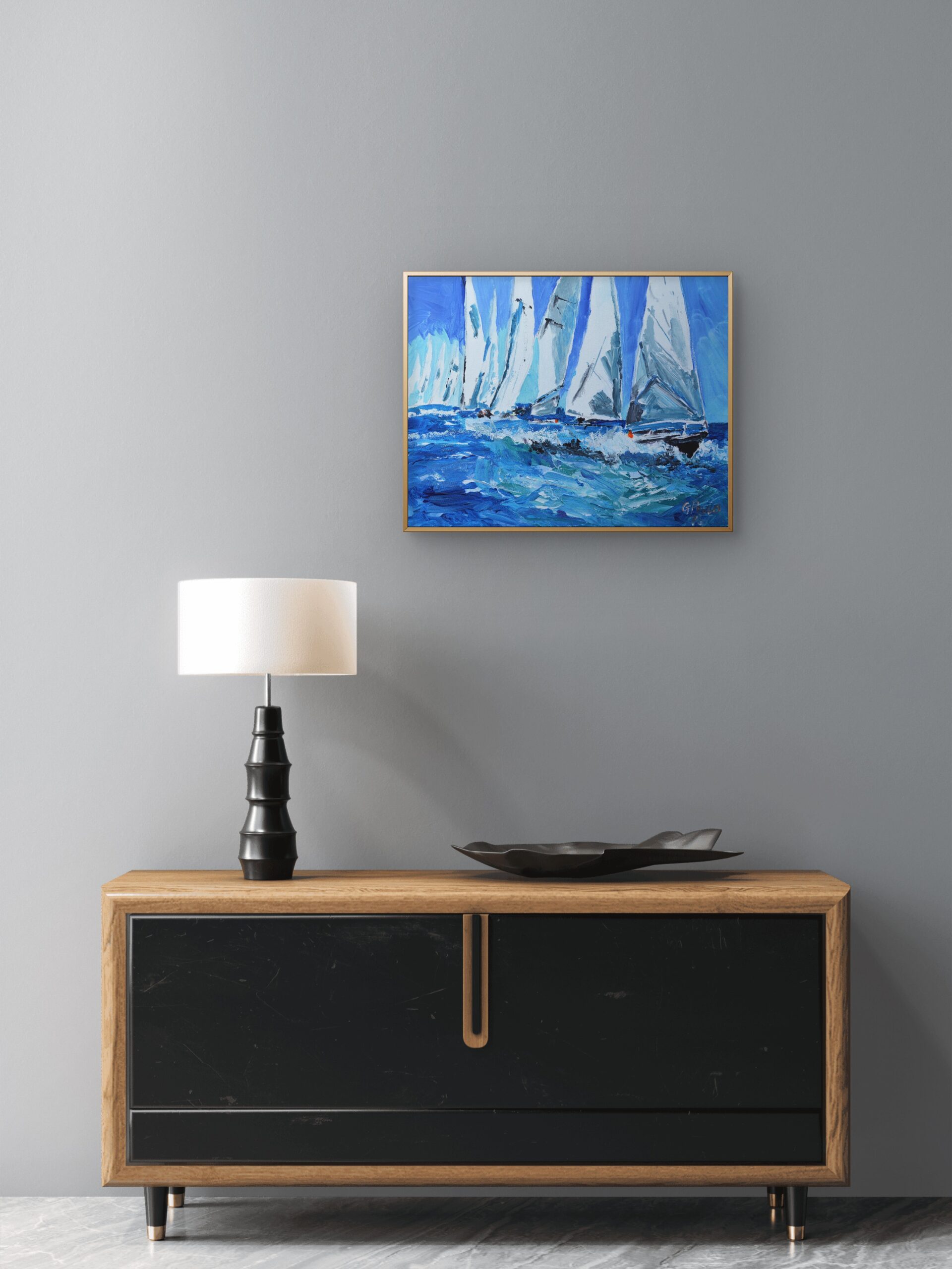 Blue Horizon Regatta | Original Sailboats Impasto Acrylic Ocean Painting - Image 6