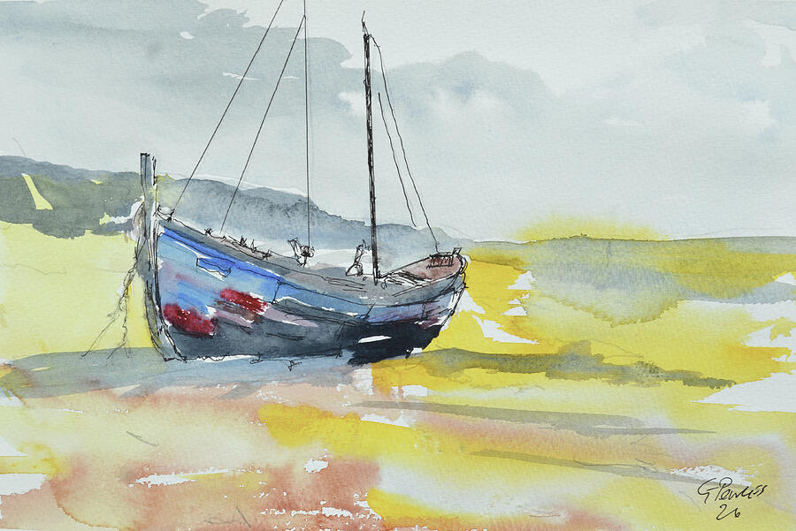 Resting Blue | Original Shoreline Boat Watercolour and Ink Painting