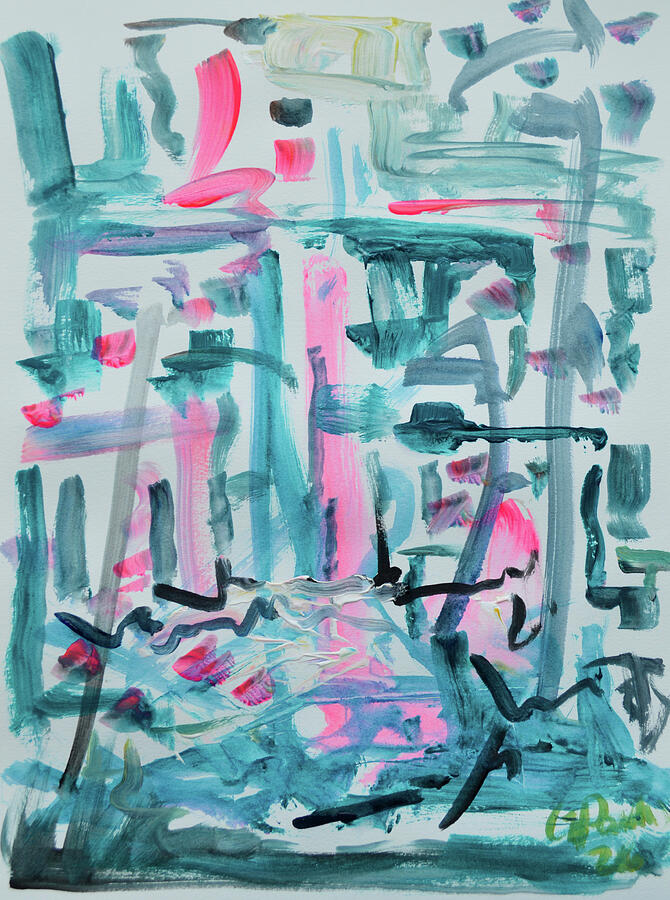 Abstract Cityscape Teal and Pink Expressionist Composition Painting
