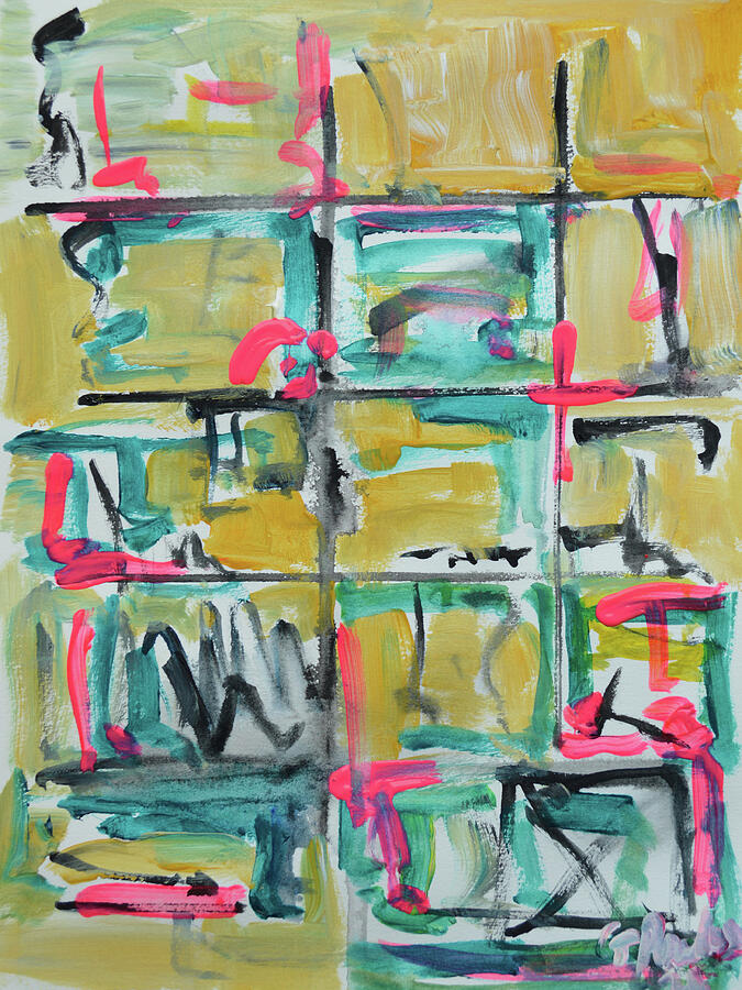 Abstract Grid Yellow and Teal Expressionist Painting