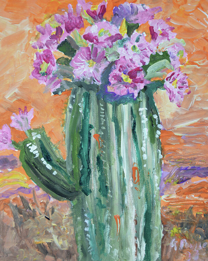 Blooming Saguaro Cactus Desert Sunset Painting