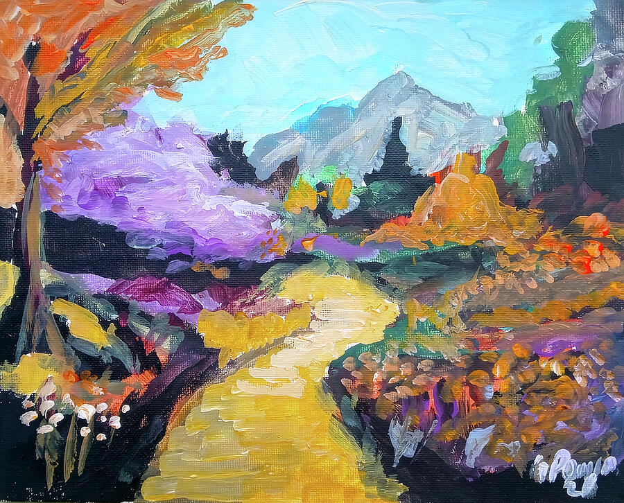 A vibrant autumn landscape features a winding path leading towards distant mountains painting
