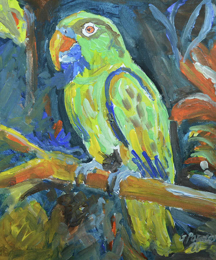 Colourful Expressive Green Parrot Portrait