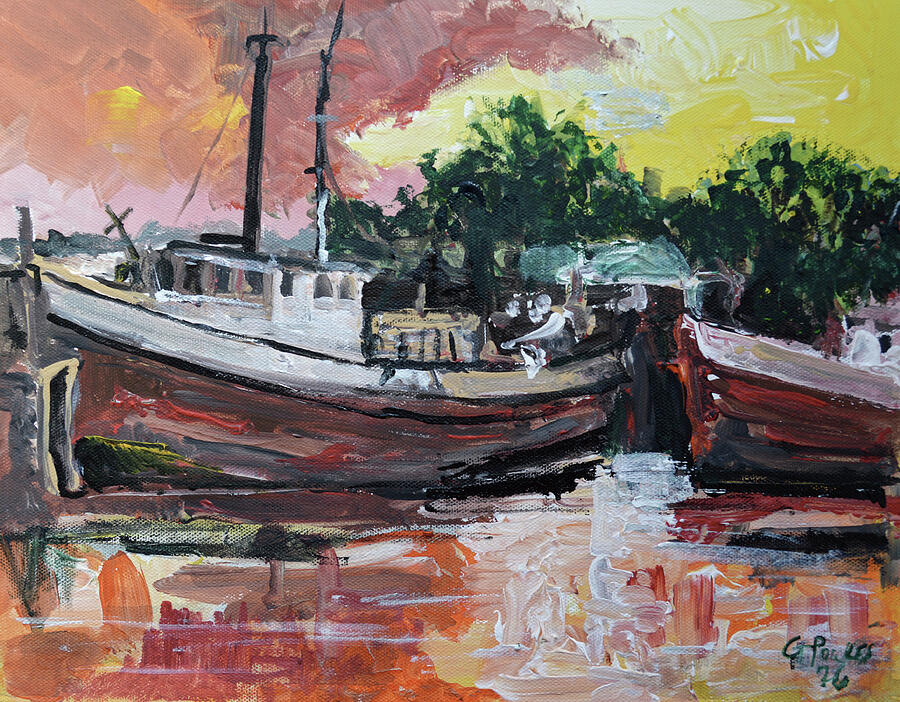 Sunset Moorings | Original Sunset Docked Fishing Boats Impressionist Acrylic Painting