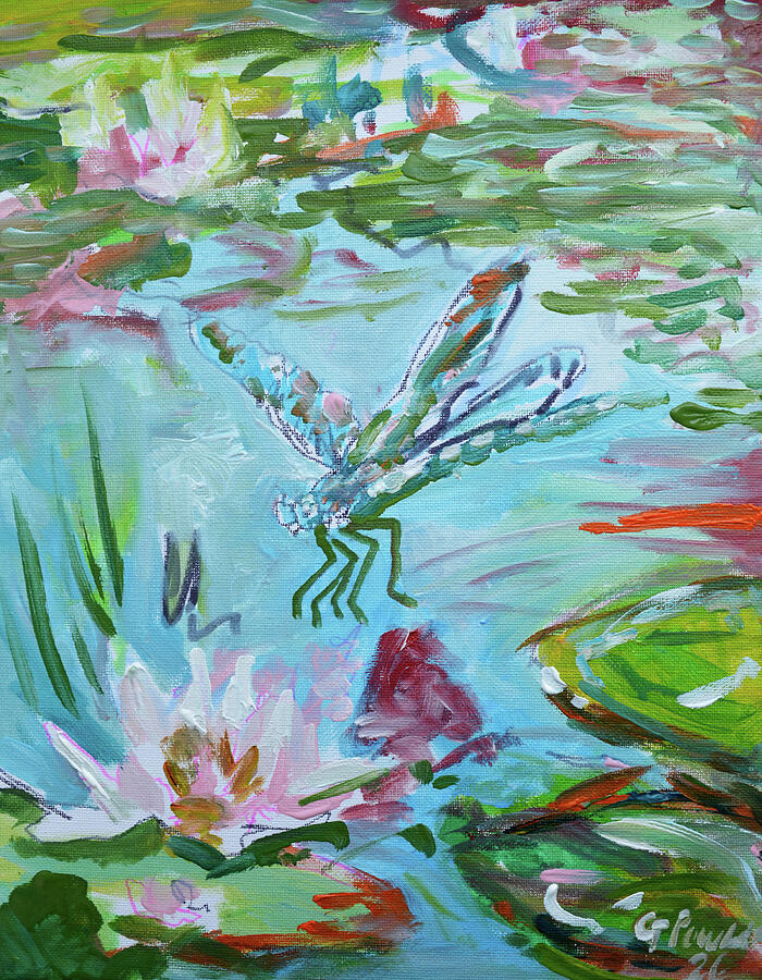 Dragonfly Over Water Lilies Painting