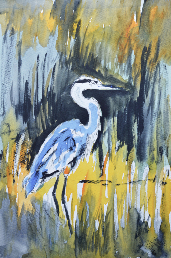 heron in the shallows watercolour