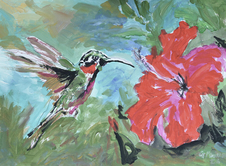 Hummingbird and Hibiscus Encounter Painting