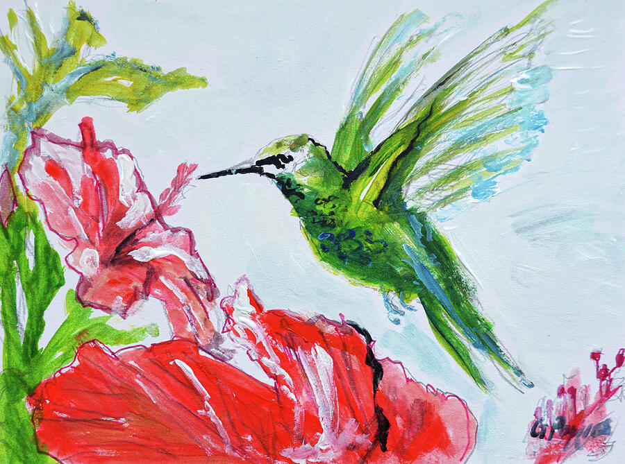 Hummingbird Near Red Flowers Painting